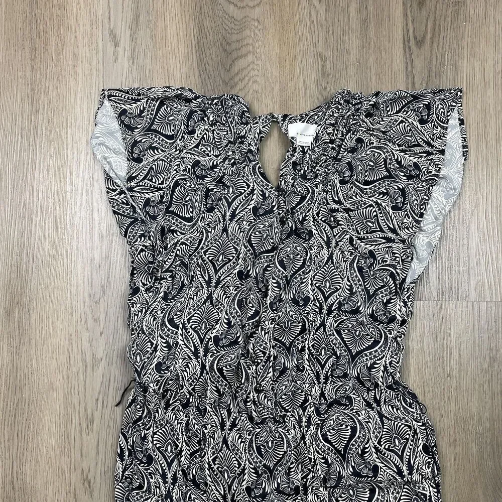By Anthropologie Jumpsuit Womens 10 Black White Paisley Ruffle Neck Jogger Cuff - Picture 2 of 9